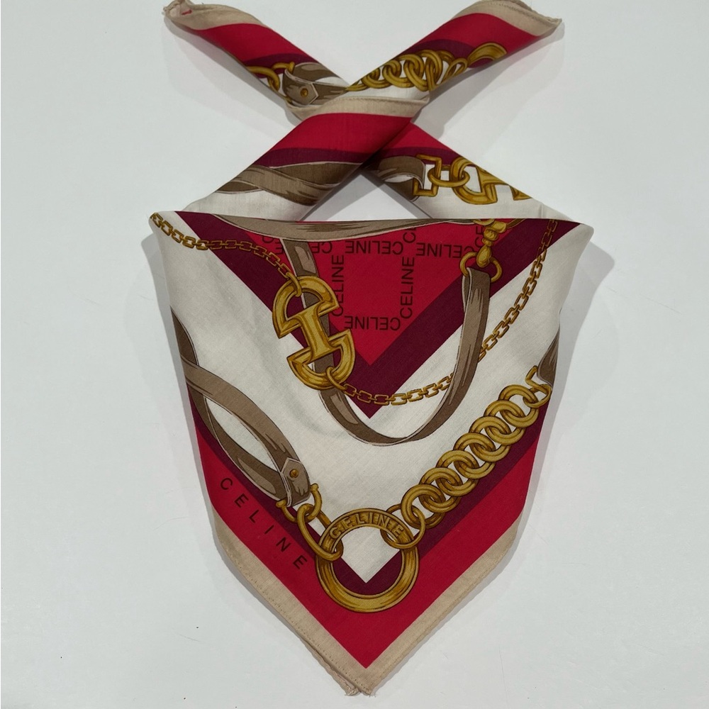 Celine Vintage Handkerchiefs Scarf Bannada Logo Gold Chain Cotton  19.5”